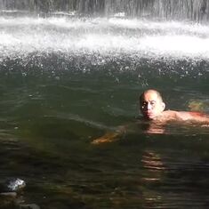 在雪山融化的溪流瀑布中畅游, 他还开玩笑，“I need more margarita!" (Mossbrae Falls, 2012)